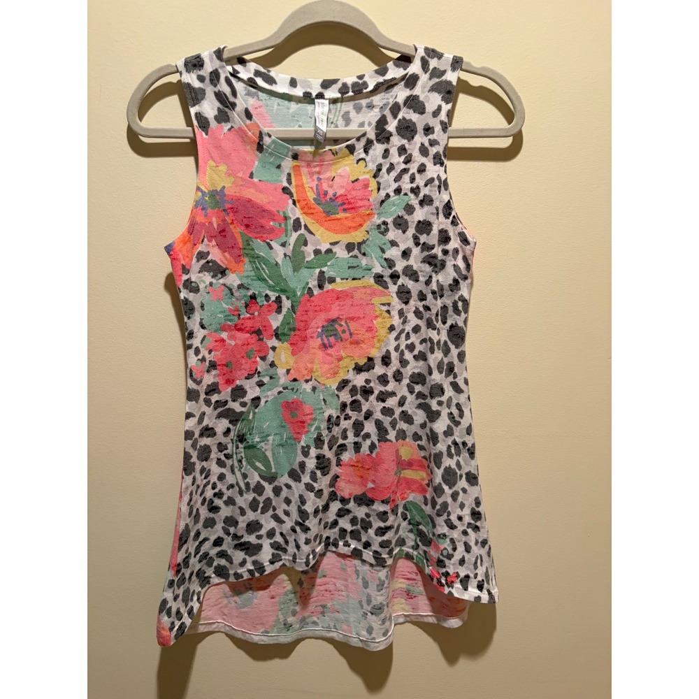 Whimsy Rose Floral Leopard Print High Low Tank Top XS Made in USA Burnout Jersey
